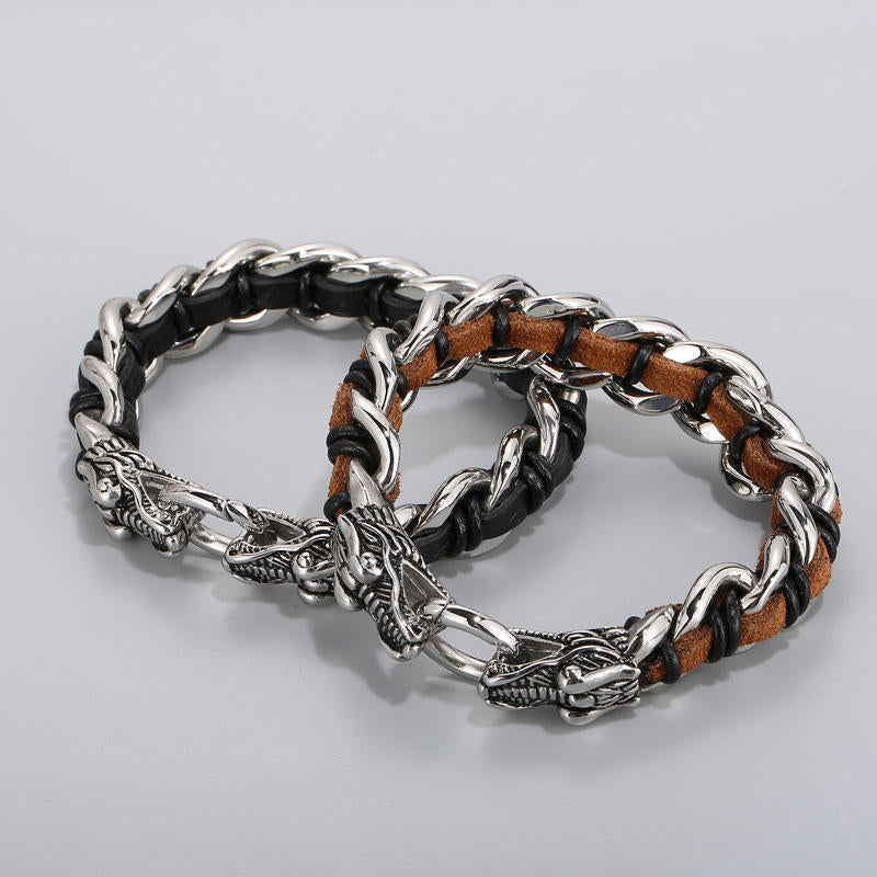 Wear FengShui Dragon Leather Titanium Steel Protection Luck Braided Bracelet