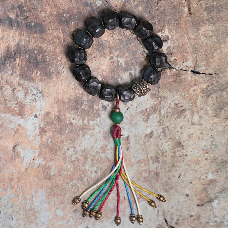Wear FengShui Tibet Ebony Wood Copper Peace Tassel Wrist Mala Bracelet