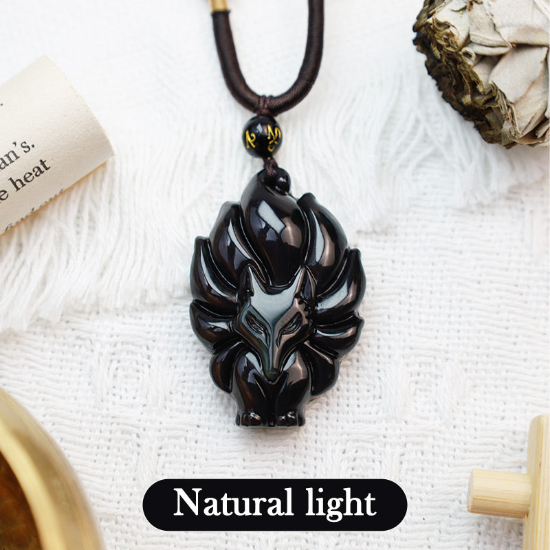 Wear FengShui Natural Rainbow Obsidian Gold Sheen Obsidian Nine Tailed Fox Positive Necklace Pendant