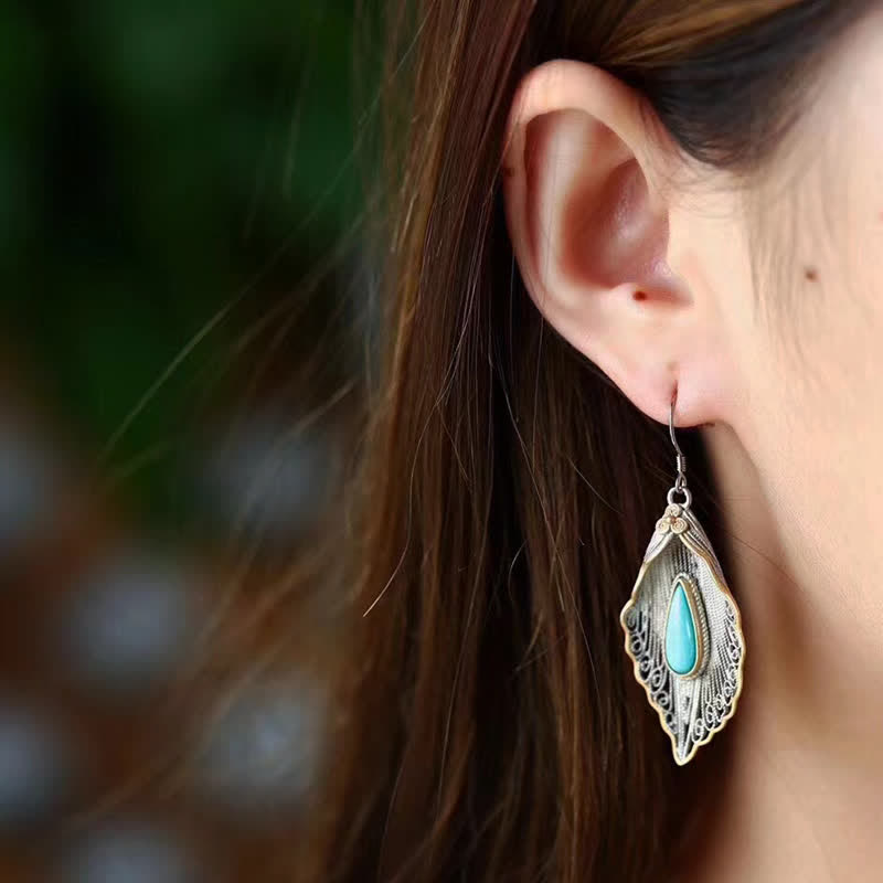 Wear FengShui 925 Sterling Silver Turquoise Bodhi Leaf Pattern Protection Drop Dangle Earrings