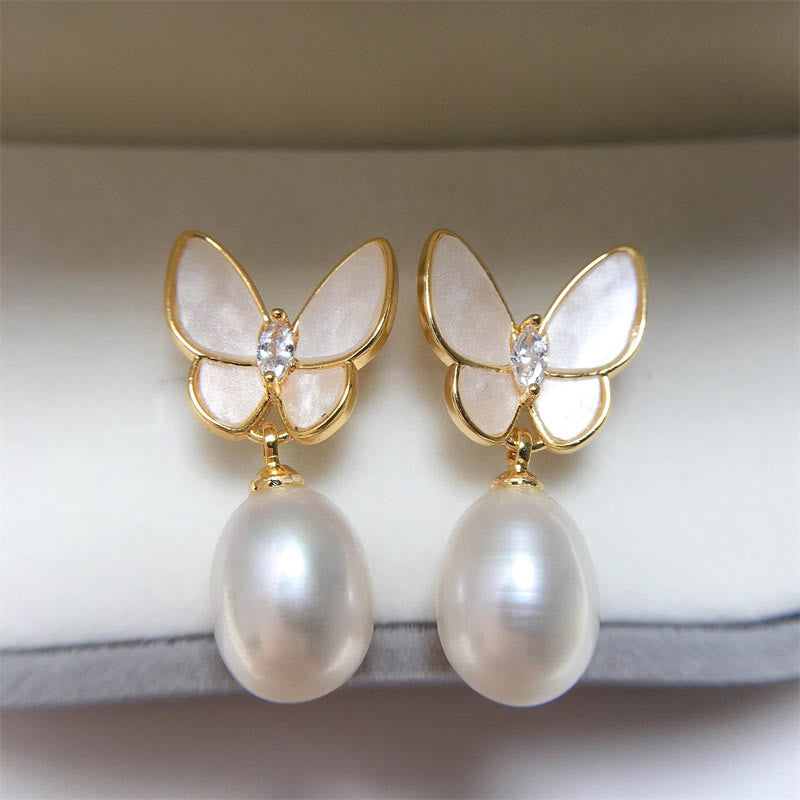 Wear FengShui 925 Sterling Silver Posts 18K Gold Plated Copper Pearl Butterfly Optimism Stud Earrings