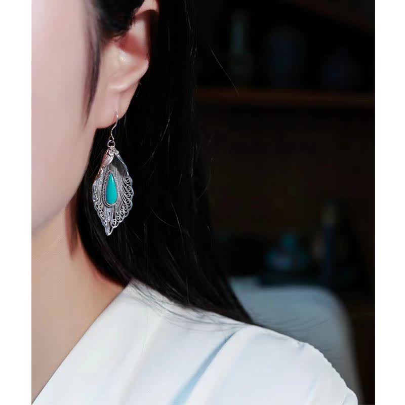 Wear FengShui 925 Sterling Silver Turquoise Bodhi Leaf Pattern Protection Drop Dangle Earrings