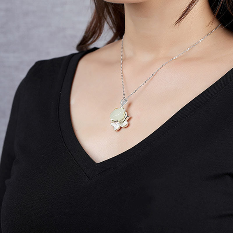 Wear FengShui White Jade Lotus Flower Happiness Necklace