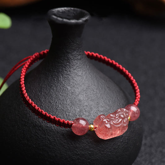 Wear FengShui Natural Strawberry Quartz PiXiu Lucky Red String Bracelet