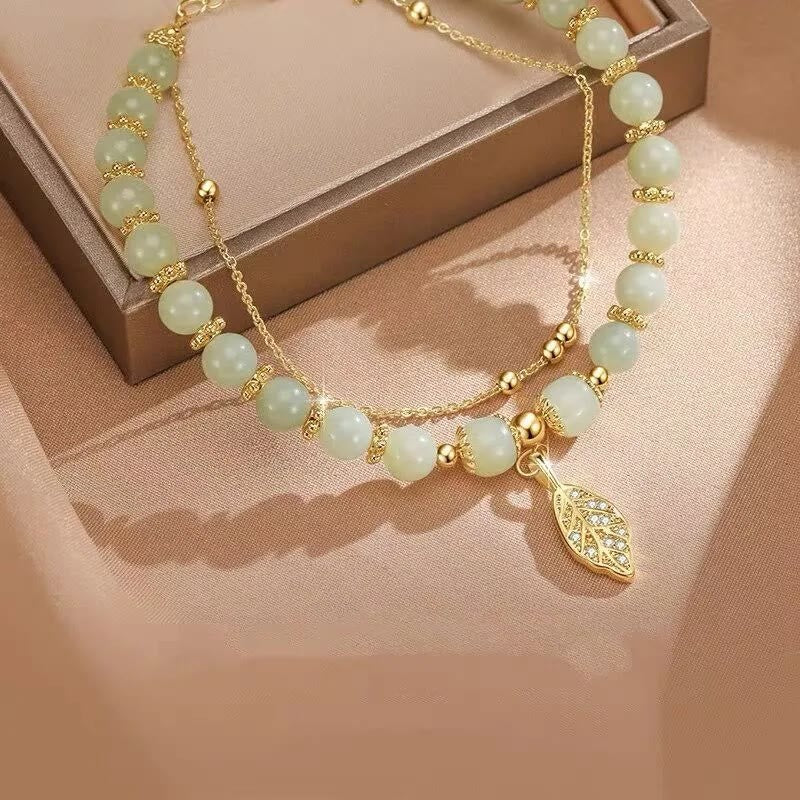 Wear FengShui Jade Leaf Ginkgo Tulip Peanut Fu Character Luck Beaded Bracelet