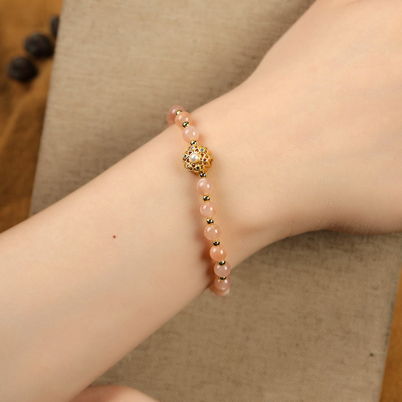 Wear FengShui 14K Gold Plated Natural Strawberry Quartz Labradorite Sun Stone Fu Character Positive Charm Bracelet