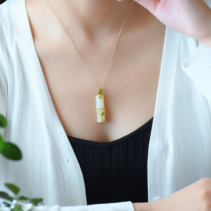 Wear FengShui White Jade Cyan Jade Bamboo Protection Necklace Pendant