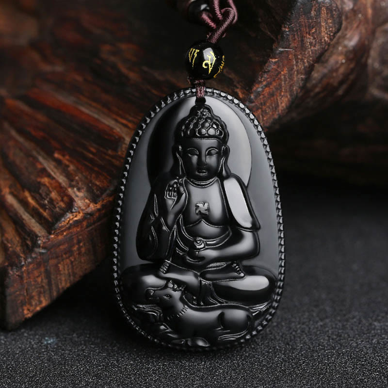 Wear FengShui Chinese Zodiac Natal Buddha Natural Black Obsidian Purification Necklace Pendant