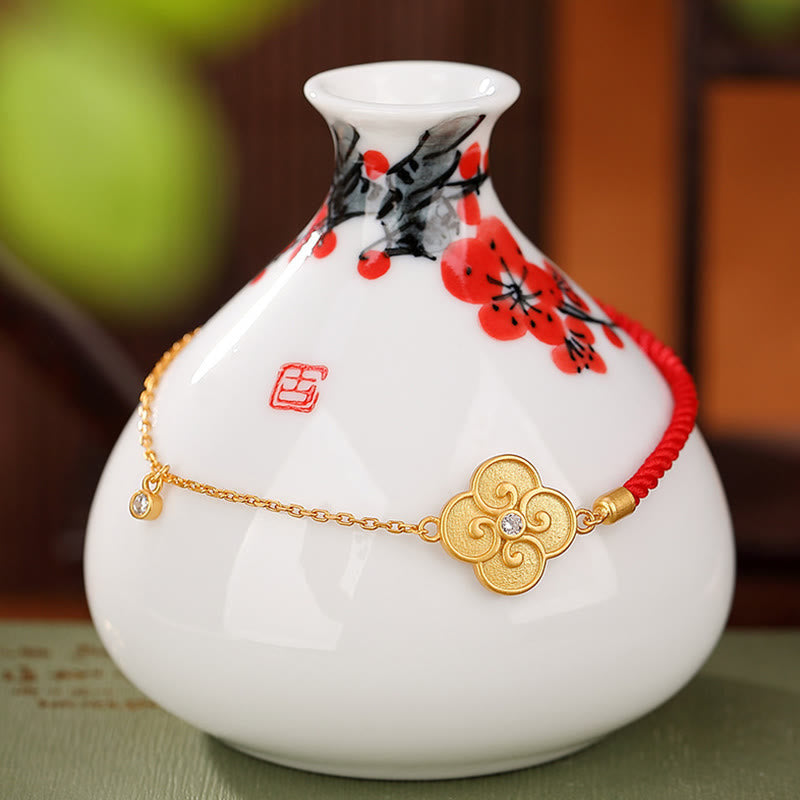 Wear FengShui 925 Sterling Silver Plated Gold Four Leaf Clover Zircon Luck Bracelet