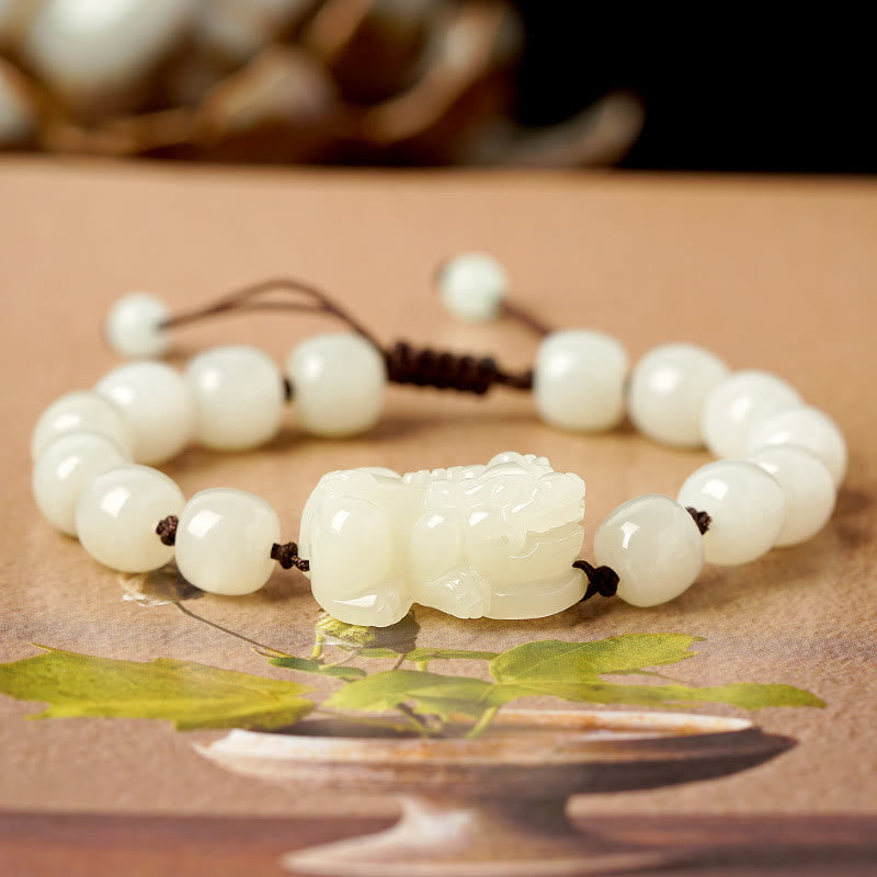 Wear FengShui Natural Hetian White Jade PiXiu Wealth String Bracelet