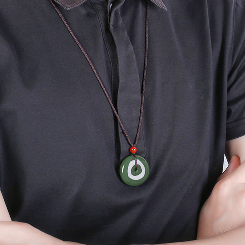 Wear FengShui Natural Round Jade Peace Buckle Prosperity Necklace String Pendant