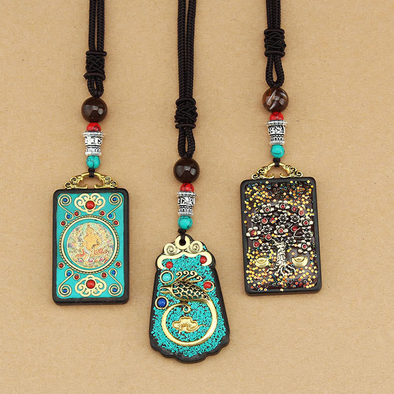 Wear FengShui Tibet God Of Wealth Money Tree Golden Phoenix Thangka Ebony Peace Necklace Pendant