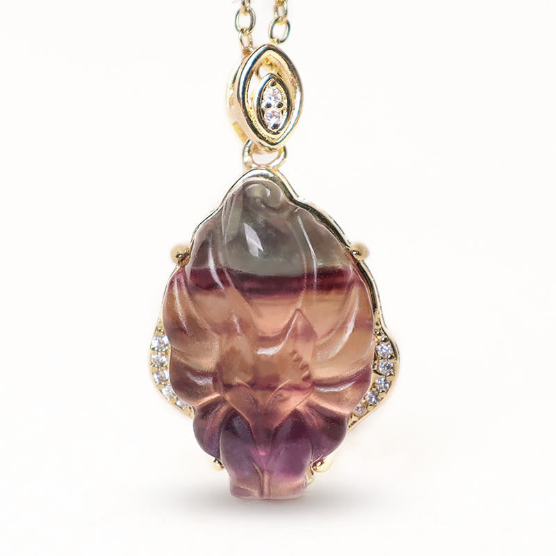 Wear FengShui Natural Colorful Fluorite Nine Tailed Fox Protection Necklace Pendant