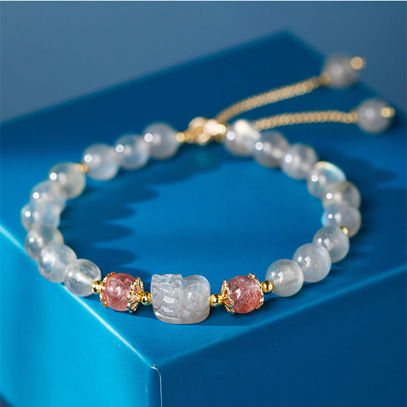 Wear FengShui Aquamarine Strawberry Quartz Amethyst Moonstone PiXiu Healing Bracelet