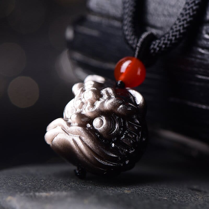 Wear FengShui Natural Silver Sheen Obsidian Dancing Lion Protection Necklace Pendant