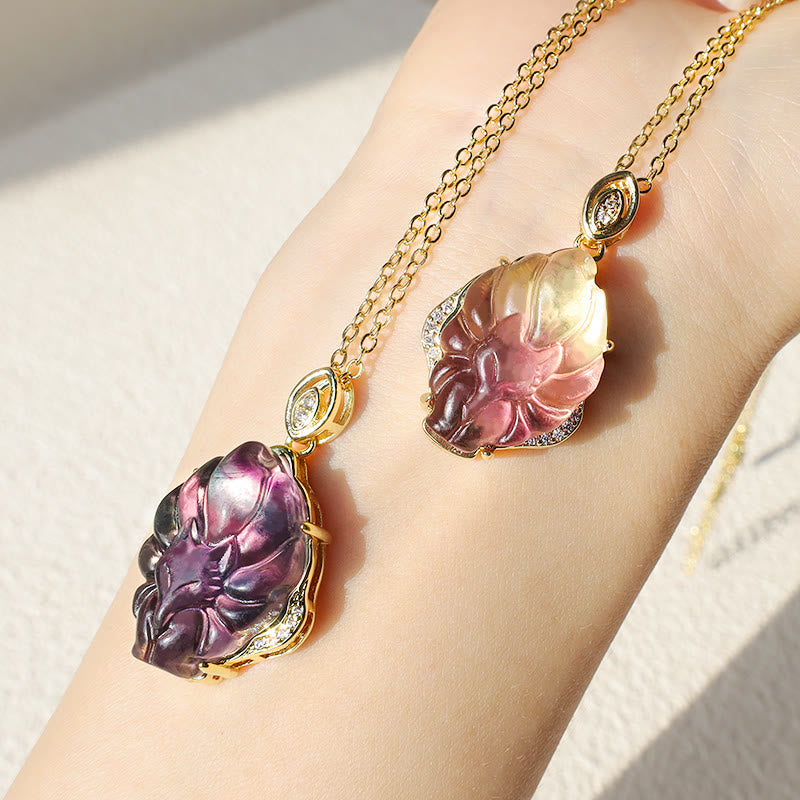 Wear FengShui Natural Colorful Fluorite Nine Tailed Fox Protection Necklace Pendant