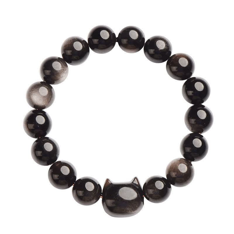 Wear FengShui Gold Sheen Obsidian Silver Sheen Obsidian Lovely Paw Lucky Cat Protection Bracelet