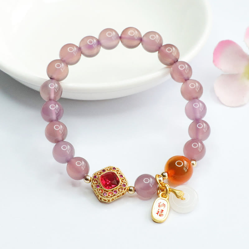 Wear FengShui Natural Purple Chalcedony Candy Agate Peace Buckle Harmony Lucky Fortune Charm Bracelet