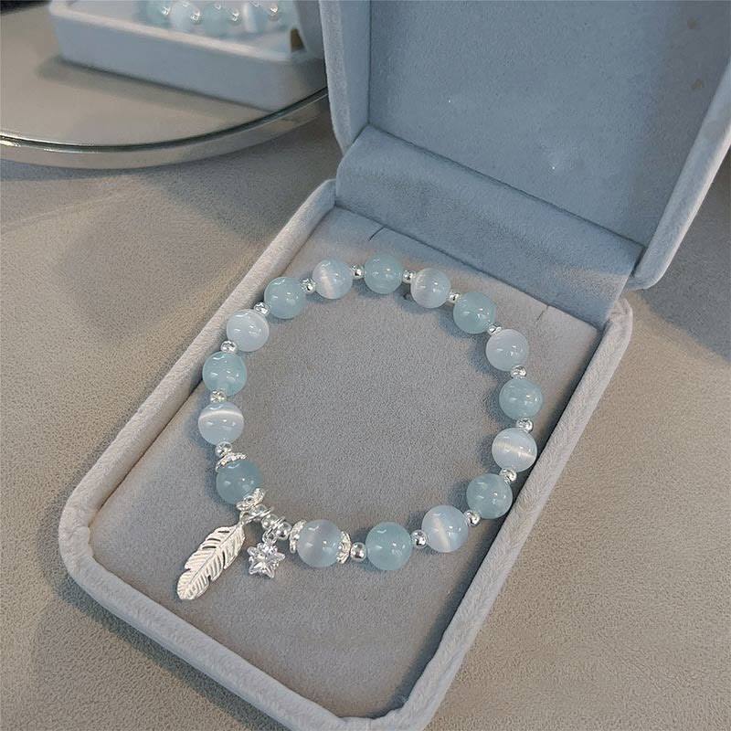Wear FengShui 925 Sterling Silver Aquamarine Cat's Eye Healing Feather Star Charm Bracelet