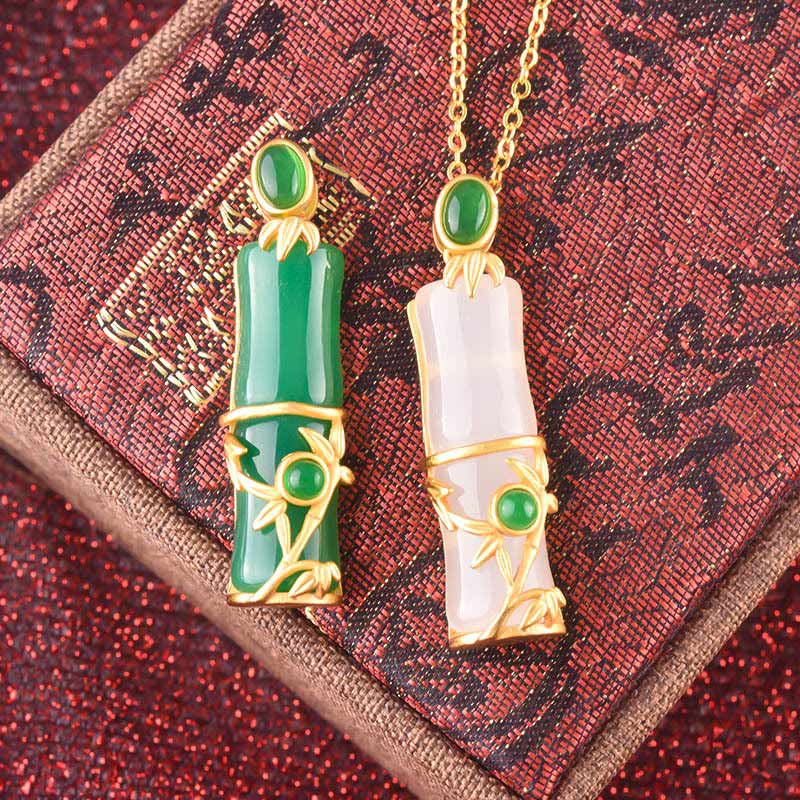 Wear FengShui White Jade Cyan Jade Bamboo Protection Necklace Pendant