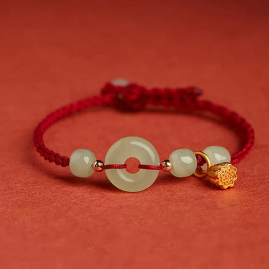 Wear FengShui Round Peace Buckle Jade Lotus Happiness Abundance Wealth String Bracelet