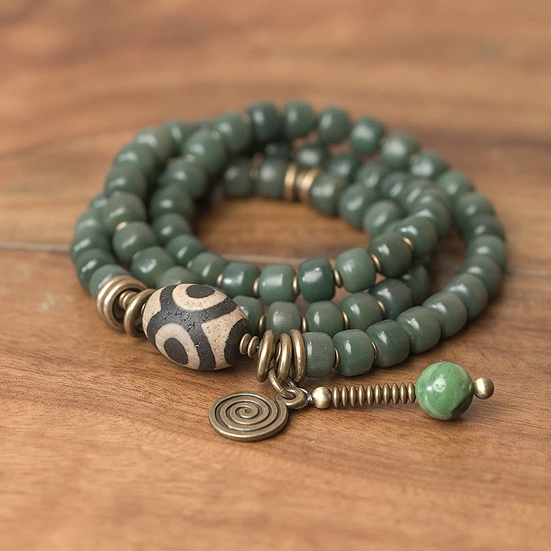 Wear FengShui Cyan Bodhi Seed Dzi Bead Wisdom Peace Triple Wrap Bracelet