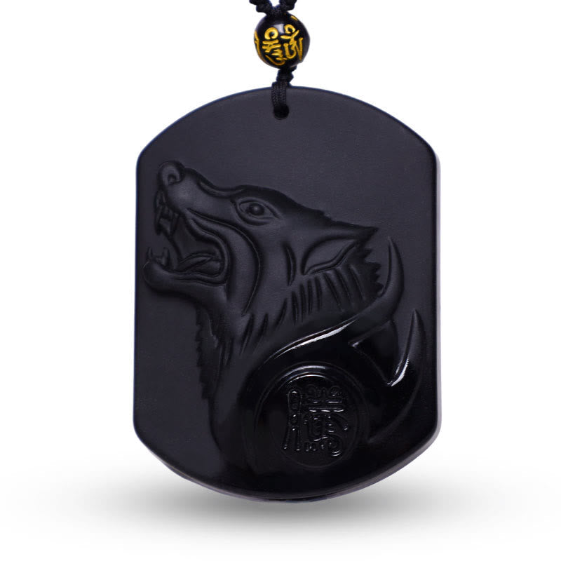 Wear FengShui Black Obsidian Stone Wolf Purification Pendant Necklace