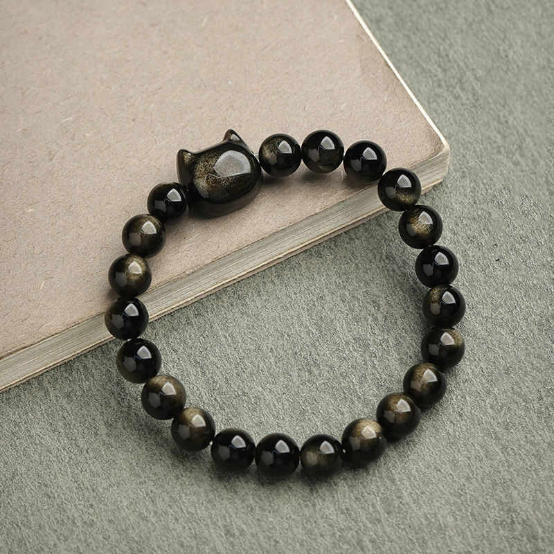 Wear FengShui Gold Sheen Obsidian Silver Sheen Obsidian Lovely Paw Lucky Cat Protection Bracelet