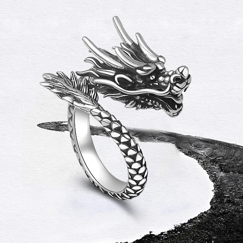 Wear FengShui 990 Sterling Silver Vintage Dragon Design Luck Protection Strength Adjustable Ring