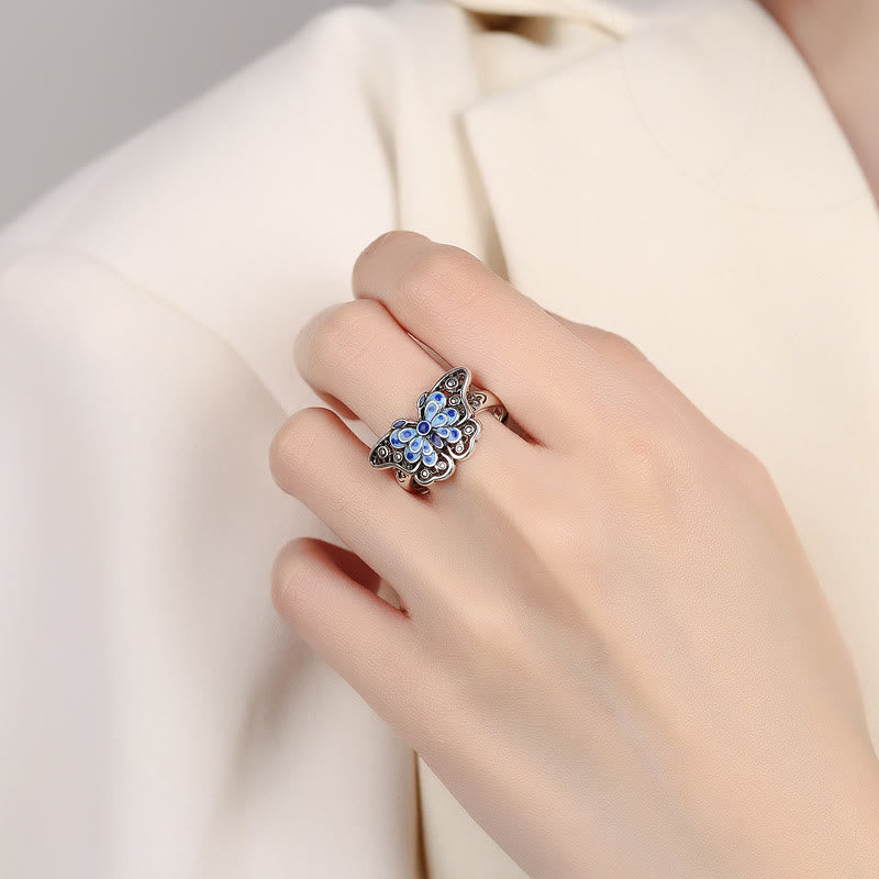 Wear FengShui Hollow Enamel Blue Butterfly Pattern Love Ring