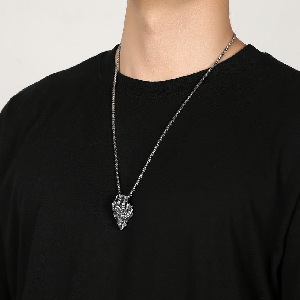 Wear FengShui Pure Tin Dragon Head Luck Protection Metal Necklace Pendant