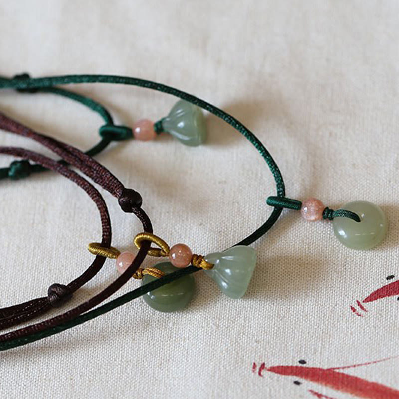 Wear FengShui Natural Round Jade Peace Buckle Lotus Abundance String Necklace Pendant