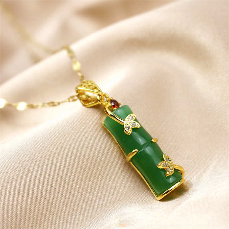 Wear FengShui White Jade Cyan Jade Bamboo Luck Protection Necklace Pendant