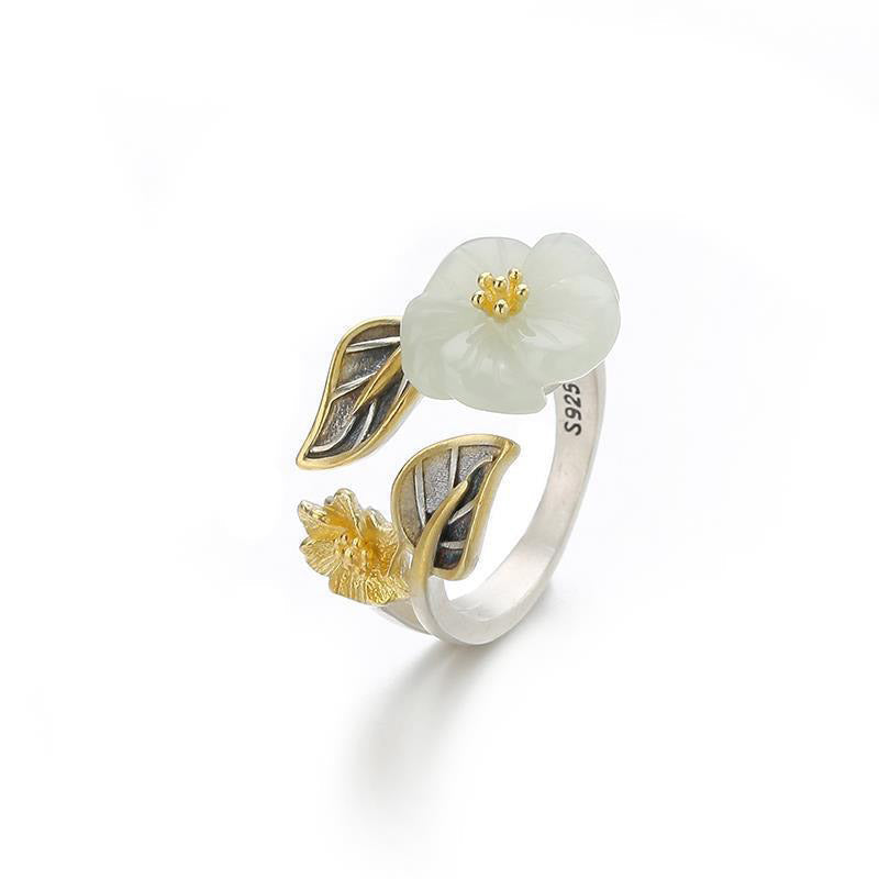 Wear FengShui 925 Silver Plated Copper White Jade Plum Flower Leaf Luck Ring