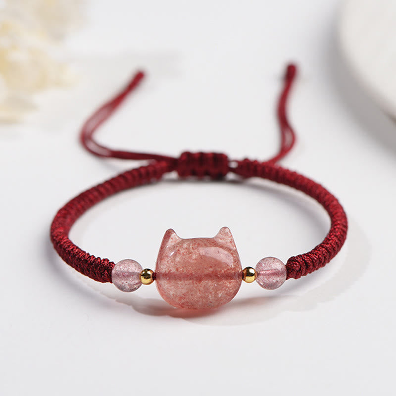 Wear FengShui Handmade Natural Silver Sheen Obsidian Strawberry Quartz Cute Cat Protection Braided Bracelet