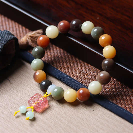 Wear FengShui Natural Multicolored Gradient Bodhi Seed Liuli Glass Charm Peace Bracelet