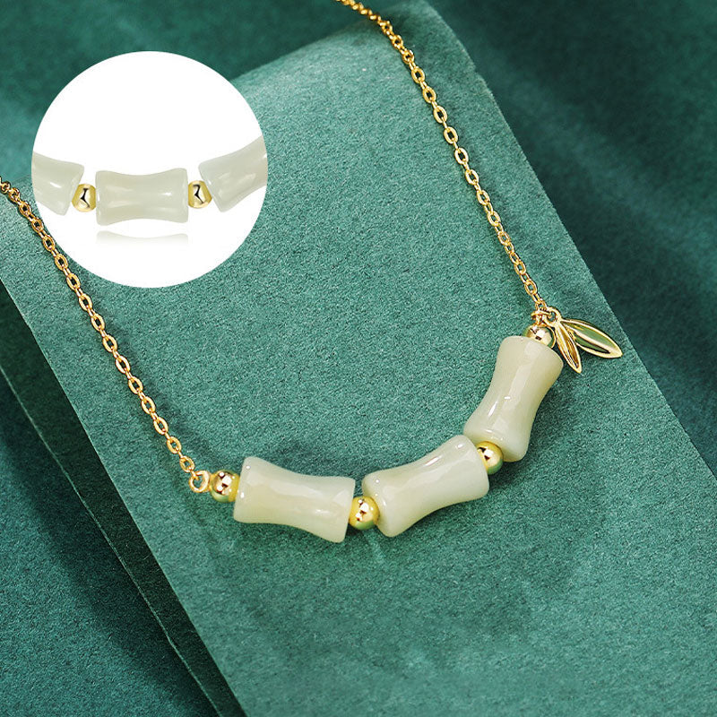 Wear FengShui 925 Sterling Silver Hetian Jade Bamboo Fu Character Prosperity Necklace Pendant Bracelet