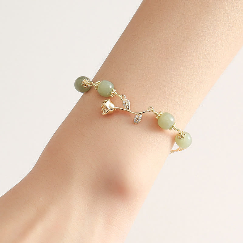Wear FengShui 14K Gold Plated Hetian Jade Golden Rose Flower Luck Chain Bracelet
