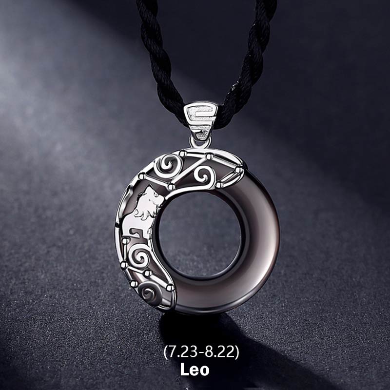 Wear FengShui 12 Constellations of the Zodiac Ice Obsidian Blessing Round Pendant Necklace