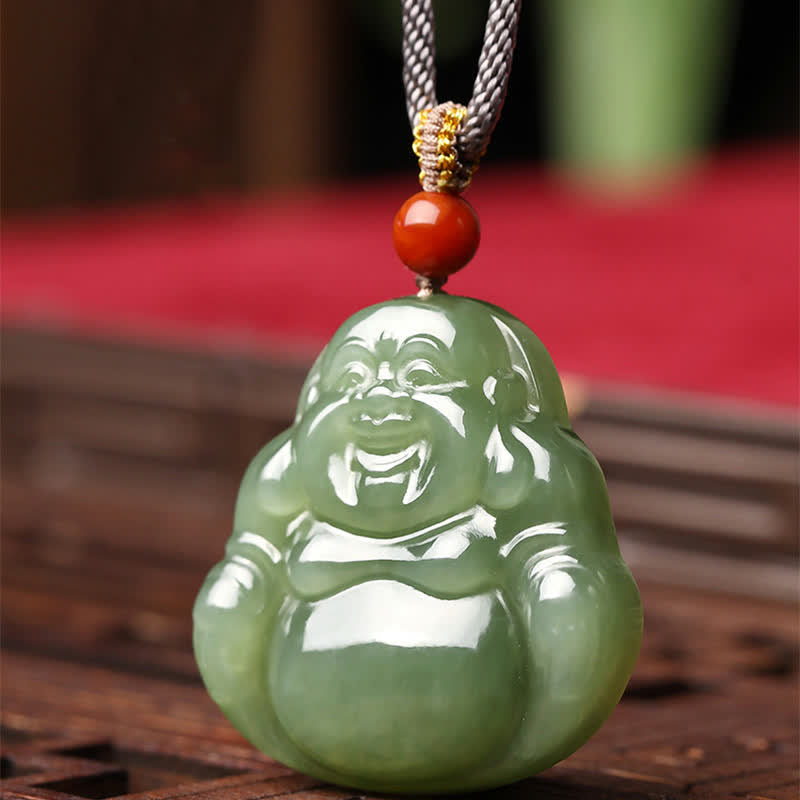 Wear FengShui Laughing Buddha Hetian Jade Abundance Necklace String Pendant