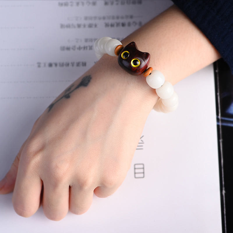 Wear FengShui Natural Bodhi Seed Small Leaf Red Sandalwood Ebony Wood Cute Lucky Cat Wisdom Bracelet
