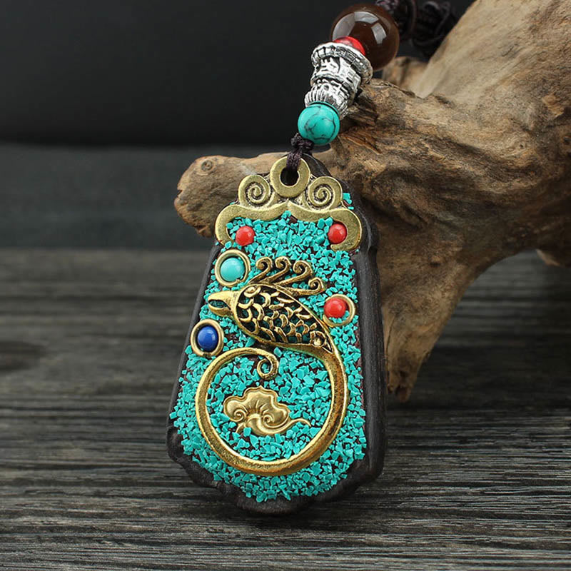 Wear FengShui Tibet God Of Wealth Money Tree Golden Phoenix Thangka Ebony Peace Necklace Pendant