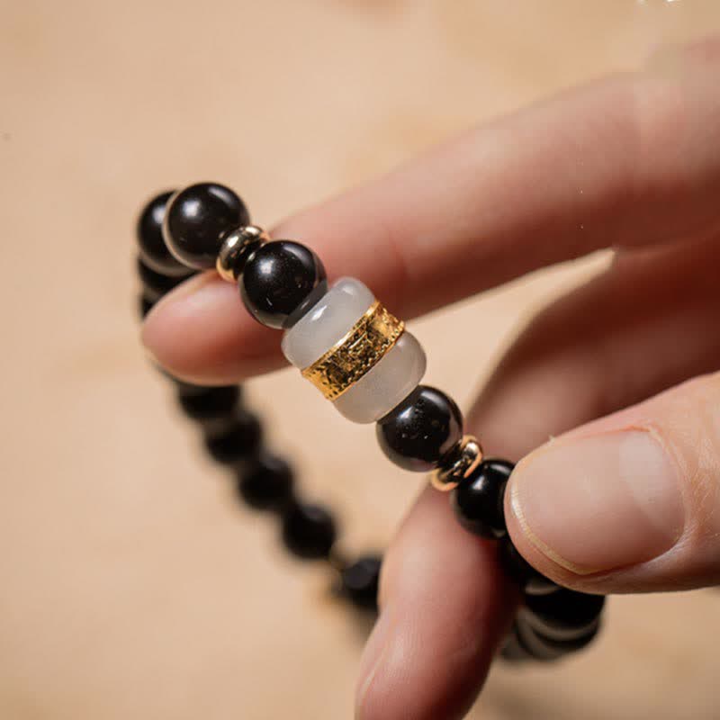Wear FengShui Black Obsidian Jade Om Mani Padme Hum Strength Couple Magnetic Bracelet