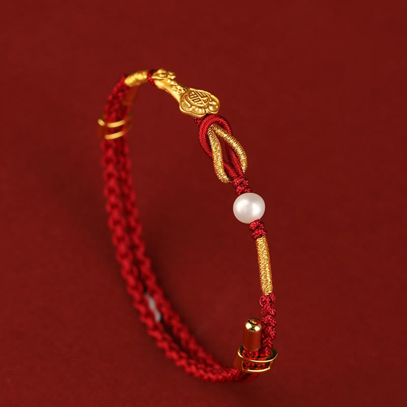 Wear FengShui 24K Gold Wish Ruyi Handle Fu Character Rabbit Pearl Luck Braided Bracelet