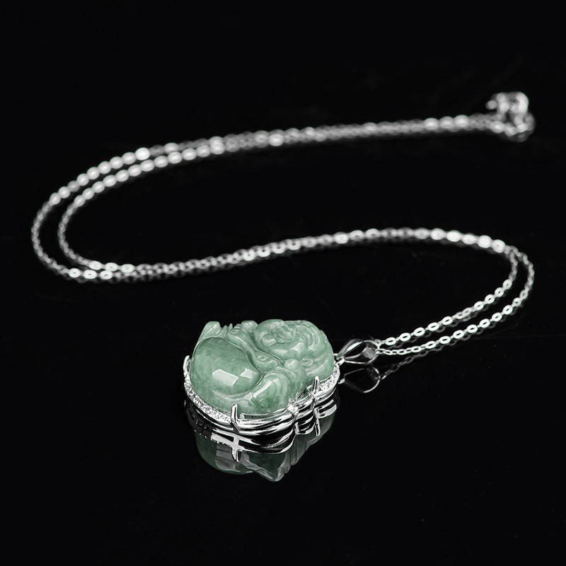 Wear FengShui Laughing Buddha Jade Abundance Necklace Titanium Steel Chain Pendant