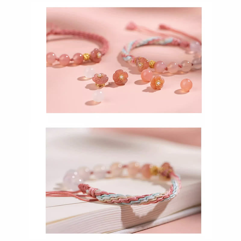 Wear FengShui Natural Gradient Agate Reincarnation Knot Peach Blossom Wealth Luck Handmade String Bracelet
