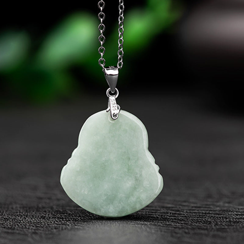 Wear FengShui Laughing Buddha Jade Blessing Titanium Steel Chain Necklace Pendant
