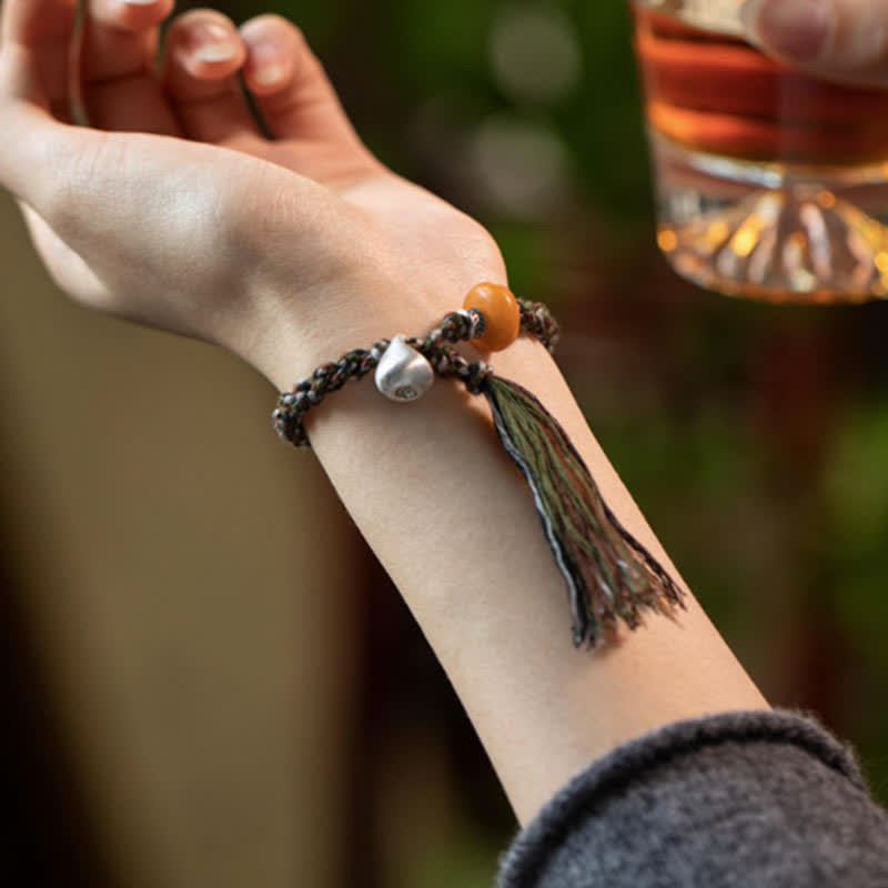 Wear FengShui 990 Sterling Silver Tibetan Handmade Amber Steelyard Weight Wish Protection Bracelet