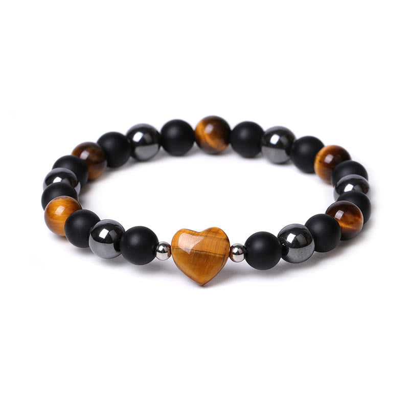Wear FengShui Black Onyx Tiger Eye Stone Crystal Love Heart Protection Bracelet