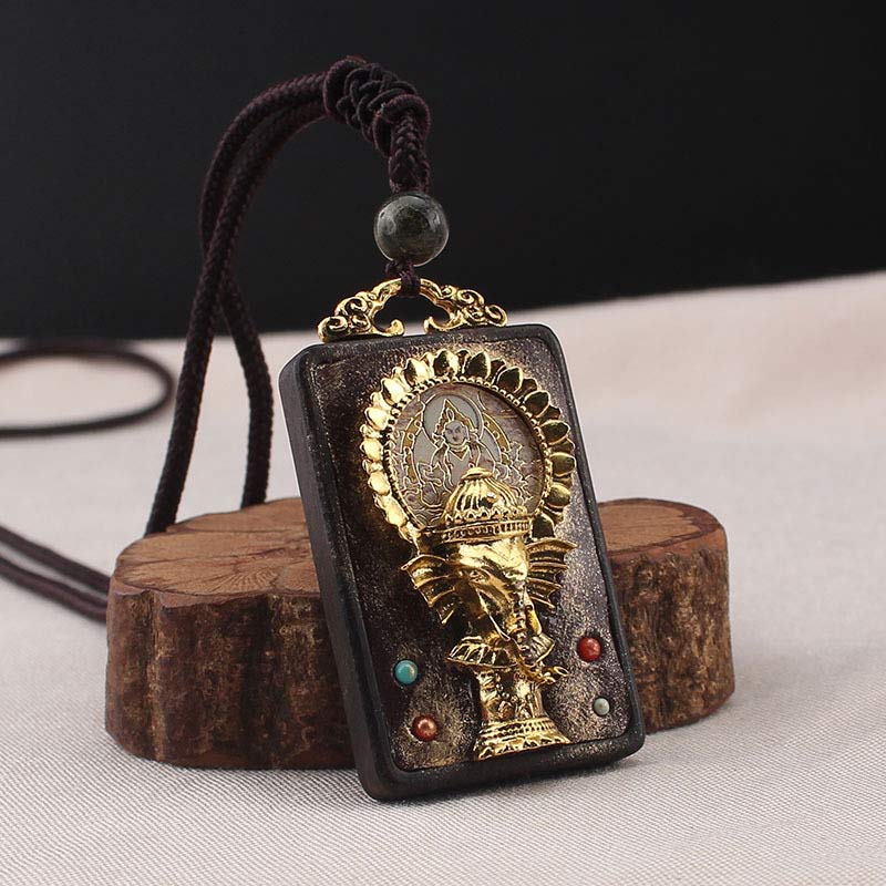 Wear FengShui Ebony Wood Elephant God of Fortune Buddha Blessing Necklace String Pendant